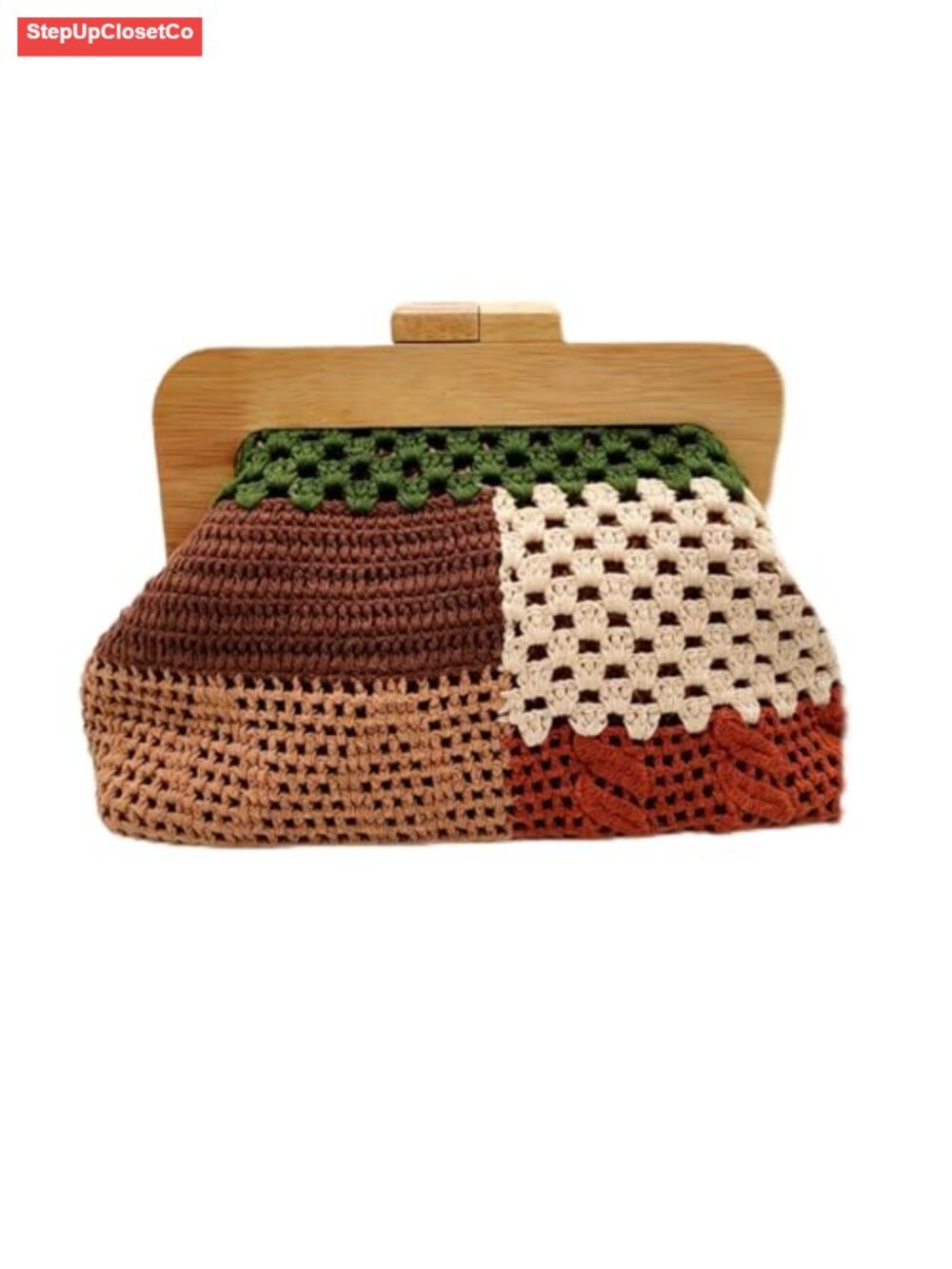Handmade Crochet Cotton Clutch Purse Wooden Frame Retro Floral Kiss Lock